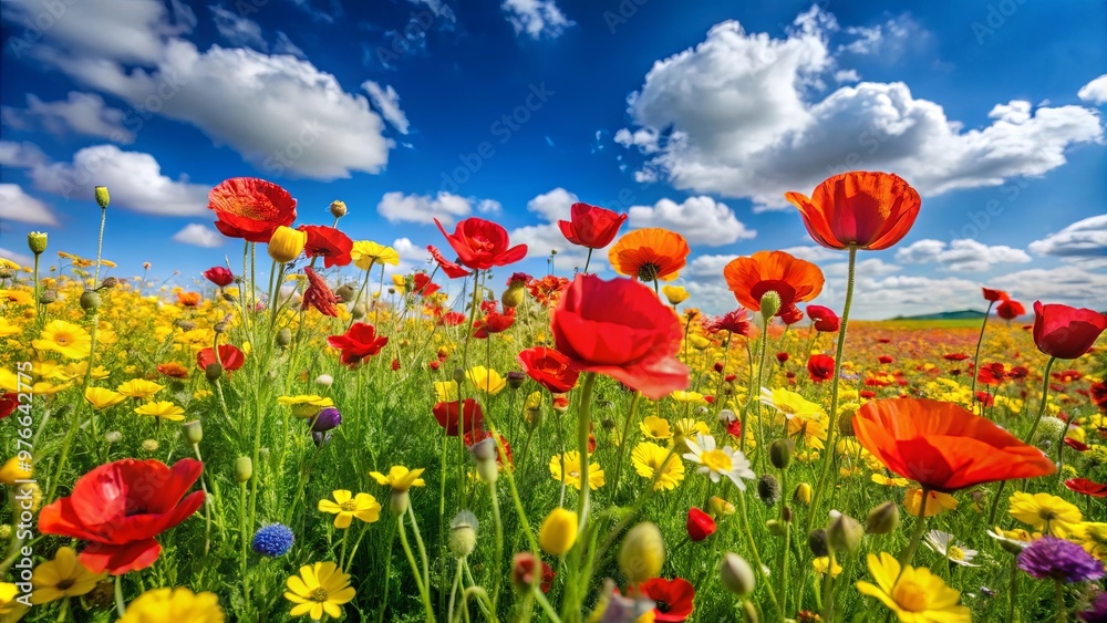 Red Poppy Flowers in a Wildflower Meadow with Blue Sky and White Clouds Red Poppy Flowers in a Wildflower Meadow with Blue Sky and White Clouds