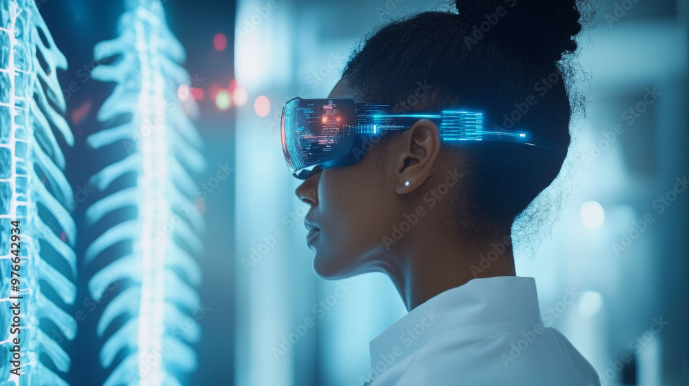 Doctor with futuristic eyeglasses analyzing the spine using AI technology.