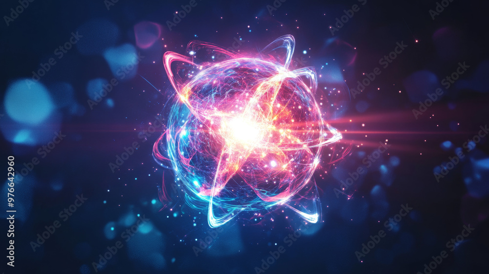 Abstract background featuring an energy sphere with bright glowing particles, resembling an atom of energy. The design conveys a scientific, futuristic, and high-tech aesthetic. Abstract background featuring an energy sphere with bright glowing particles, resembling an atom of energy. The design conveys a scientific, futuristic, and high-tech aesthetic.