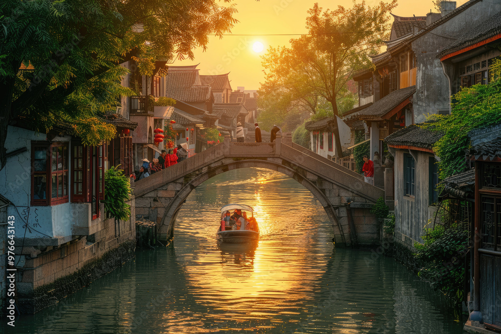 Naklejka premium In the evening of a Chinese ancient town, boats in stone bridges and canals