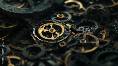 Intricate dismantled mechanical watch with detailed gears and springs on dark background, symbolizing precision and complexity in teardown analysis.