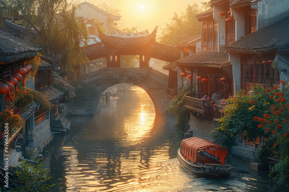 Obraz premium In the evening of a Chinese ancient town, boats in stone bridges and canals