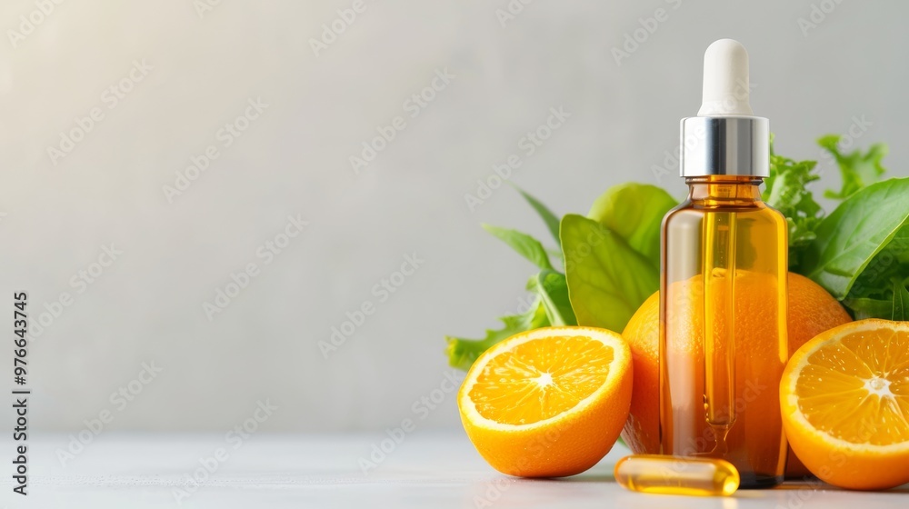 Citrus Infusion Elixir, a refreshing blend of vitamin-rich oranges and vibrant greens showcasing a vitamin serum for radiant skin and natural health.