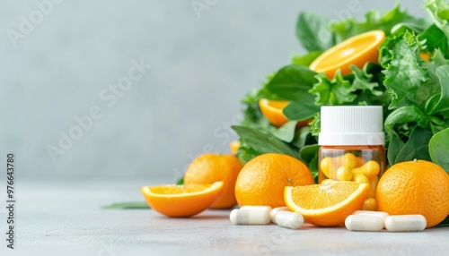 Vibrant health composition featuring fresh oranges, leafy greens, and nutritional supplements, symbolizing the fusion of natural nutrition and wellness. photo