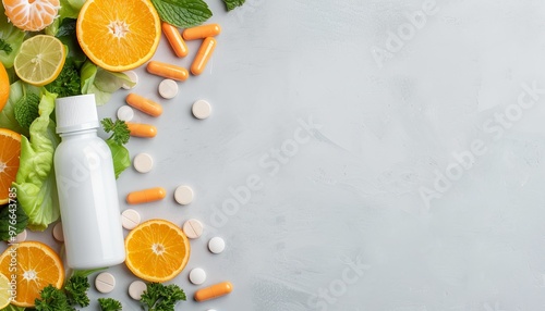 Vibrant Health Essentials, a dynamic arrangement of fresh fruits, leafy greens, and dietary supplements promoting wellness and nutrition for a balanced lifestyle.