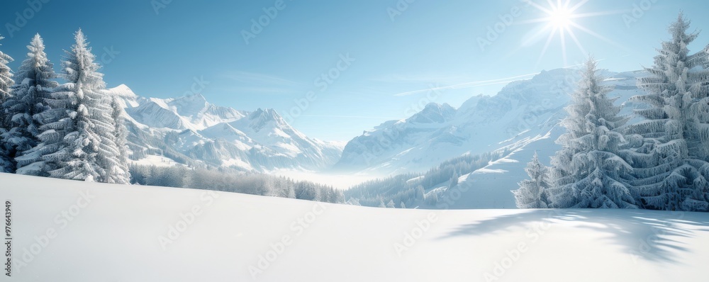 Obraz premium Serene Winter Wonderland with Snowy Mountains and Sunburst