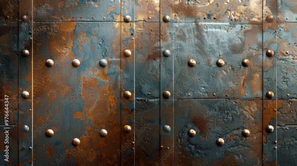 Fototapeta premium Rusty metal wall with rivets, weathered surface showcasing shades of blue and orange, a blend of industrial aesthetics and vintage charm.