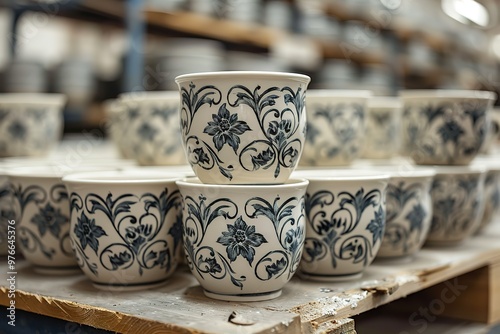 A stack of blue and white ceramic cups with floral designs photo