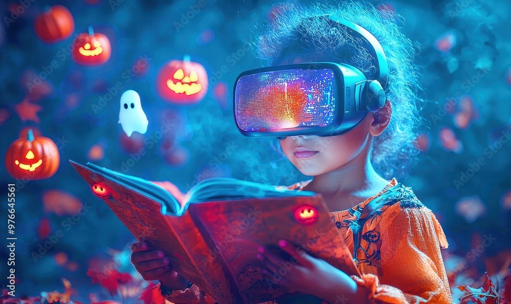 A cute kid wearing a futuristic VR headset. The child is reading a holographic book with floating, glowing Halloween decorations A cute kid wearing a futuristic VR headset. The child is reading a holographic book with floating, glowing Halloween decorations
