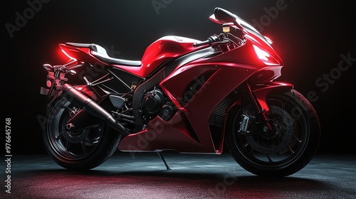 A red sport motorcycle in a dark setting with bright lights.