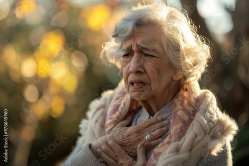 Elderly woman clutching chest in pain outdoors