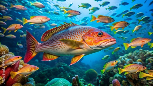 Vibrant tilefish flash in a kaleidoscope of colors, darting past coral, schools of shimmering fish, and seaweed swaying photo