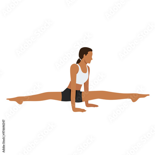 Young woman doing Straddle Lift Pose or Hasta Upavistha Konasana yoga exercise. Flat vector illustration isolated on white background
