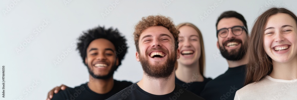 Obraz premium A diverse group of five friends laugh joyfully together inside a modern room, showcasing multicultural unity and genuine happiness.