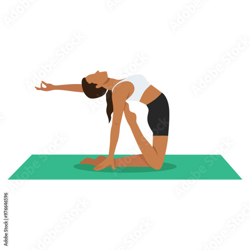 Young woman doing Half Camel Pose Variation Raised Toe or Ardha Ustrasana Variation Raised Toe yoga exercise. Flat vector illustration isolated on white background