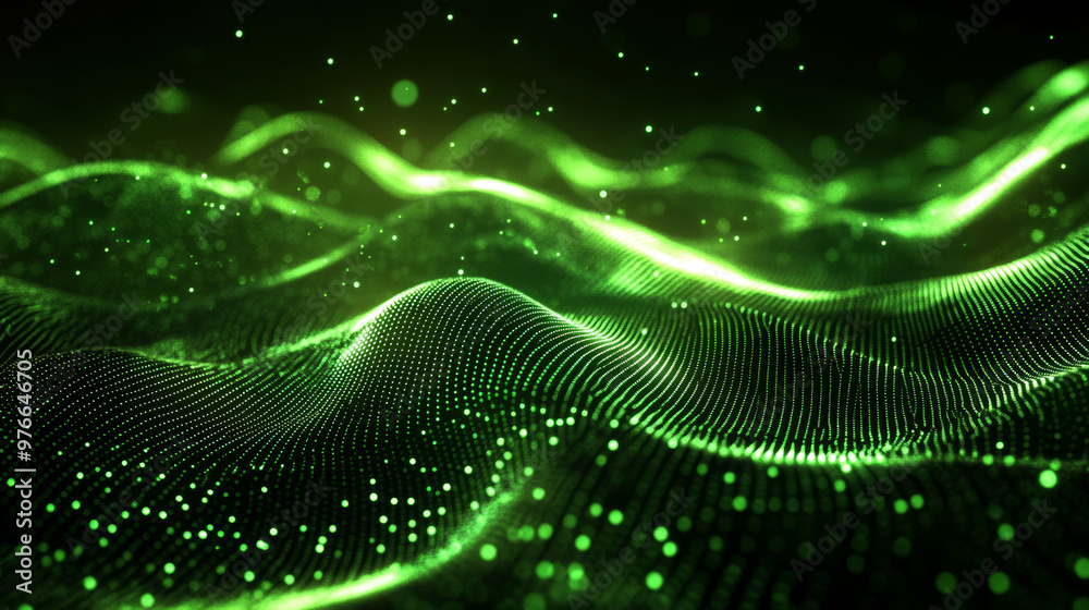 Futuristic abstract background with green glowing wave lines composed of dots and shining particles. Features magical energy and neon effects in sunbeams.