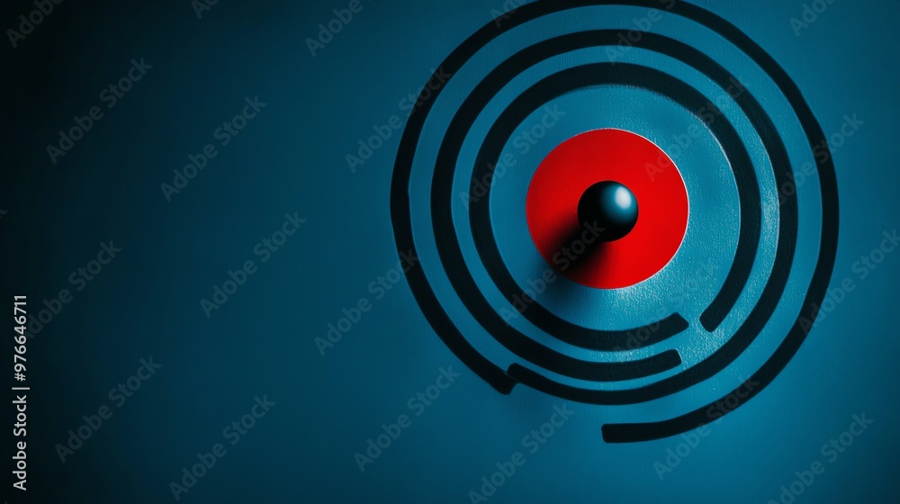 A black ball sits in the center of a red target. A black ball sits in the center of a red target.