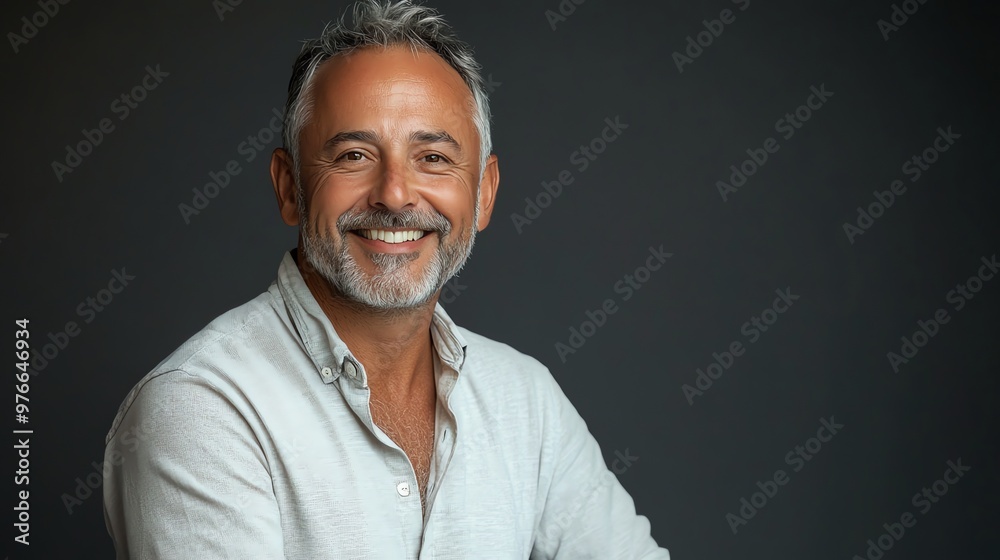 Obraz premium A middle-aged man with grey hair and a beard smiles happily.