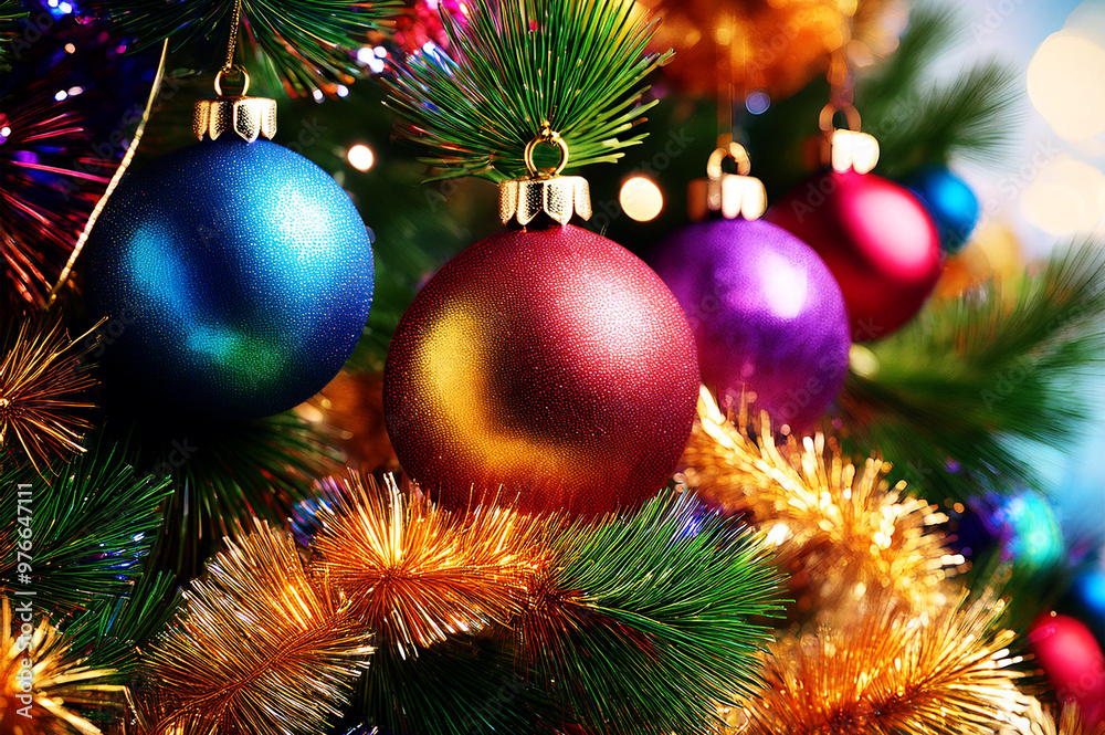 Bunte Weihnachtskugeln an einem geschmücktem Weihnachtsbaum Bunte Weihnachtskugeln an einem geschmücktem Weihnachtsbaum