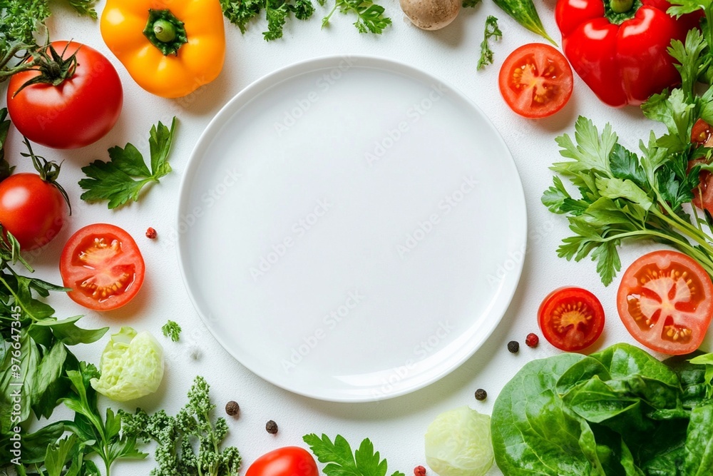 A white plate surrounded by fresh vegetables, including tomatoes, peppers, and parsley, ready for a healthy meal. A white plate surrounded by fresh vegetables, including tomatoes, peppers, and parsley, ready for a healthy meal.