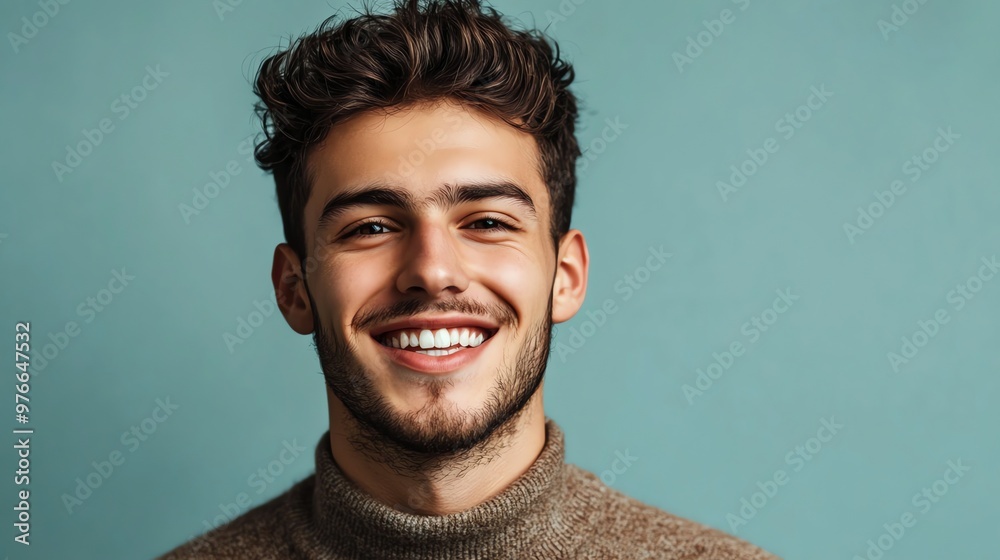 Obraz premium A young man with brown hair smiles against a blue-green background.
