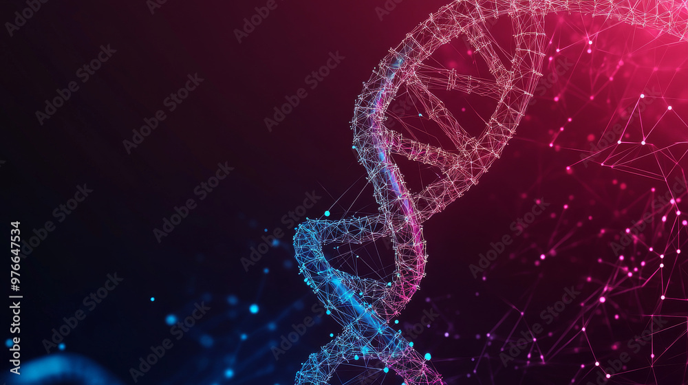 Low poly wireframe illustration of genetic engineering, featuring a 3D DNA spiral and a computer with connected dots. Includes polygonal biotechnology and medical technology mesh art, highlighting . Low poly wireframe illustration of genetic engineering, featuring a 3D DNA spiral and a computer with connected dots. Includes polygonal biotechnology and medical technology mesh art, highlighting .