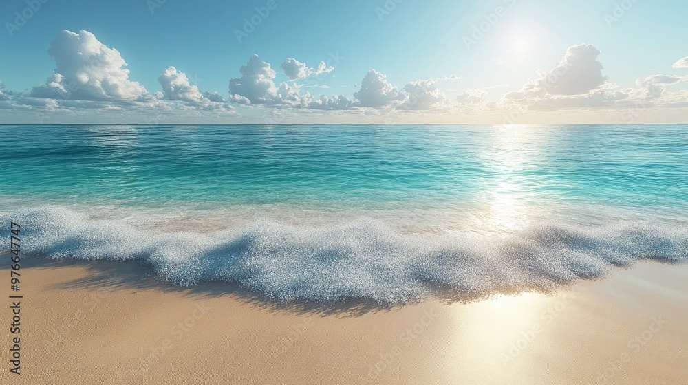 Fototapeta premium A Beautiful Tropical Beach Scene Featuring Soft Sand, Clear Sky, and Perfect Open Space for Text or Graphic Overlays