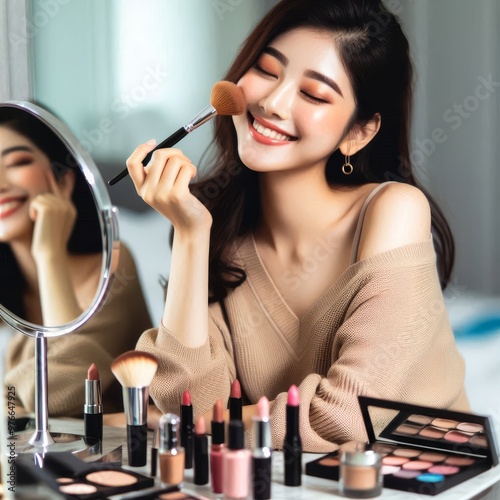 woman applying make up photo