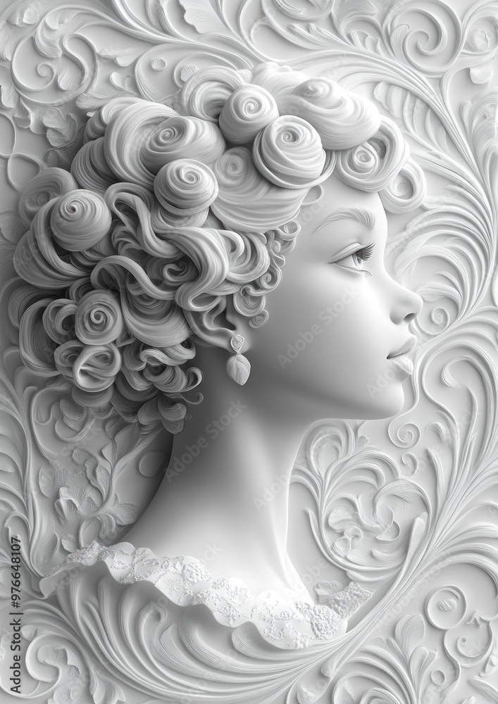A sculpted profile of a woman with ornate curly hair and floral details.