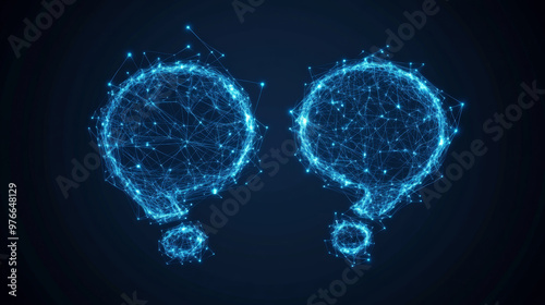  Two dialogue bubbles, each featuring a question mark and an answer symbol, are depicted in a futuristic low poly wireframe style. The abstract digital speech bubbles are designed in a blue color.