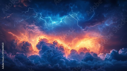 Dramatic storm clouds charged with energy, lightning illuminating the sky with intense brightness