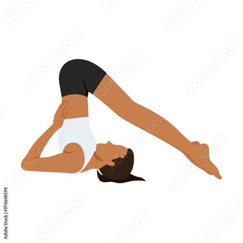 Young woman doing Wheel Pose Flow or Chakrasana Flow yoga exercise. Flat vector illustration isolated on white background