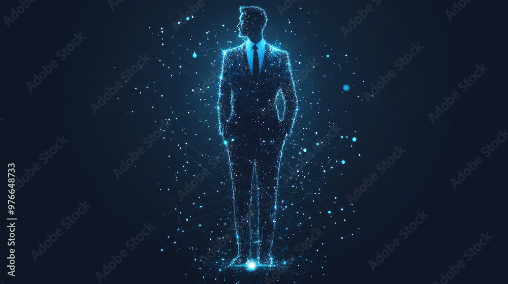 A vectorized abstract image of a businessman in a suit with a crown. The design appears in a starry sky or space style, made up of points, lines, and geometric shapes similar to planets, stars. A vectorized abstract image of a businessman in a suit with a crown. The design appears in a starry sky or space style, made up of points, lines, and geometric shapes similar to planets, stars.