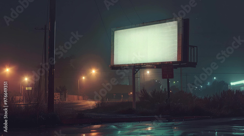 Nighttime view of blank billboard set against a city backdrop. AI generative photo