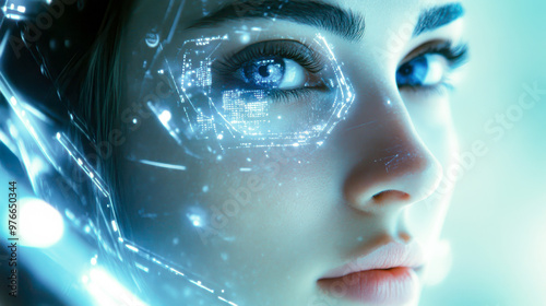 Close-up of a futuristic female android's face, with white helmet and glowing lights in a blurred background.