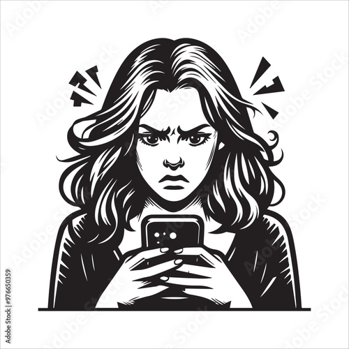 Upset stressed frustrated woman looking at cellphone vector illustration silhouette