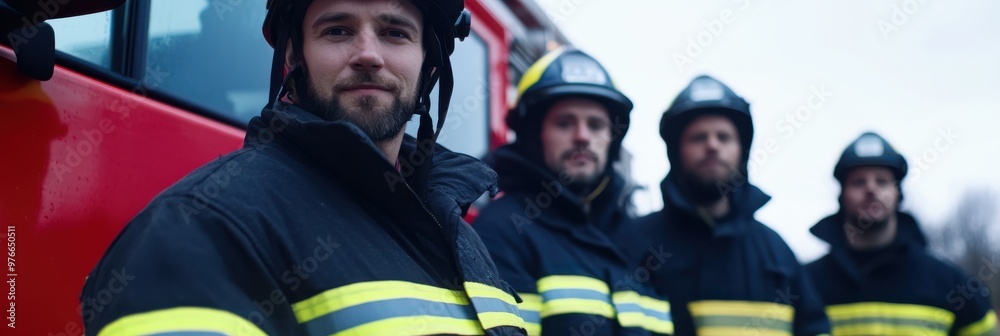 Obraz premium A team of brave firefighters stands next to a fire truck, ready to respond to emergencies, symbolizing courage, teamwork, and public service.