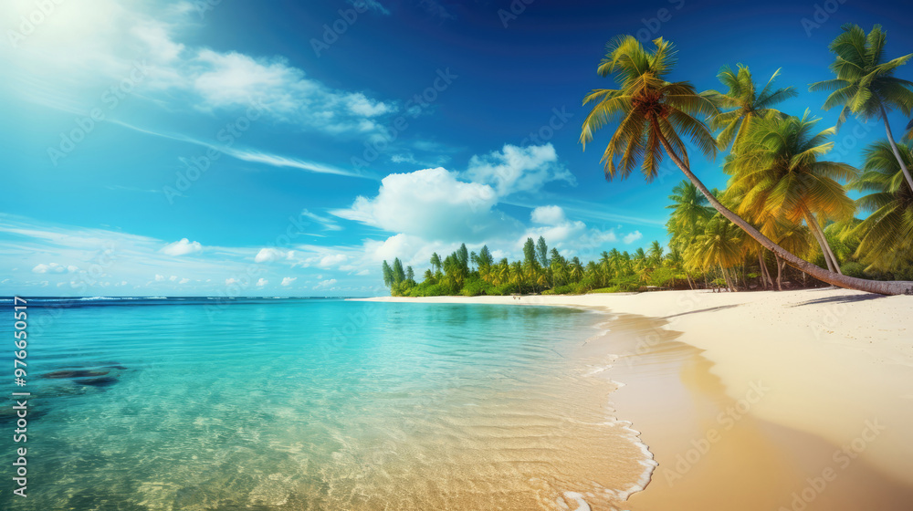Obraz premium Holiday Travel Background with White Sandy Beach and Palm Trees