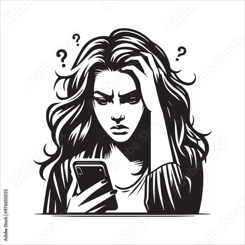 Upset stressed frustrated woman looking at cellphone vector illustration silhouette