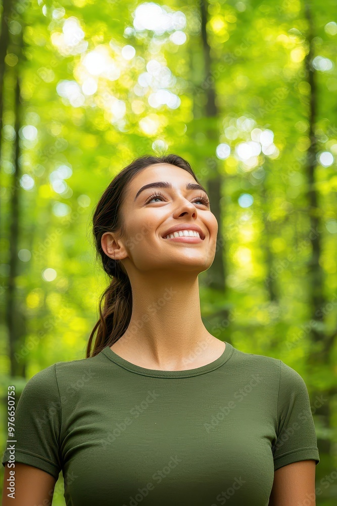 Woman enjoying a peaceful walk in the forest, smiling as sunlight filters through the trees, radiating wellbeing Smile, Nature, Wellbeing Woman enjoying a peaceful walk in the forest, smiling as sunlight filters through the trees, radiating wellbeing Smile, Nature, Wellbeing