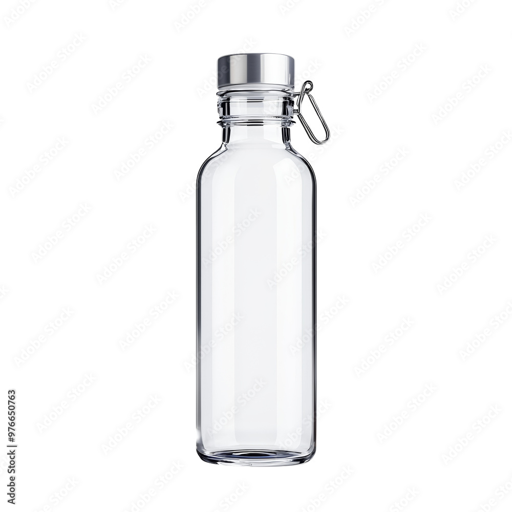Clear glass water bottle with metal cap and clip, minimalist design Clear glass water bottle with metal cap and clip, minimalist design