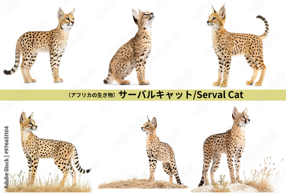 Obraz premium サーバルキャット／Serval Cat アフリカの野生動物背景白の切り抜きセット。Generative AI