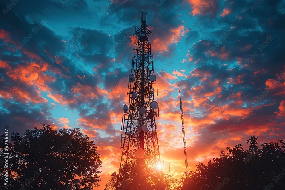 A tall tower with many antennas is silhouetted against a beautiful sunset