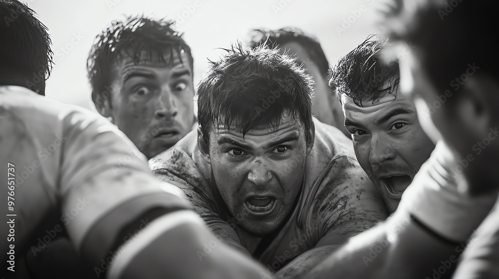 Rugby players in a scrum formation. Rugby players in a scrum formation.