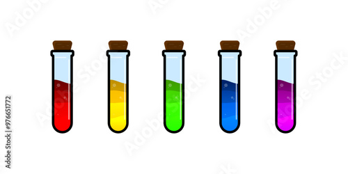 Set of glass bottles. Different color potion flat style on white background. Vector illustration. Design elements for game collection.