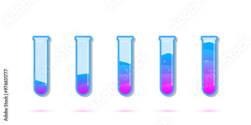 Set of glass bottles. Different color potion flat style on white background. Vector illustration. Design elements for game collection.