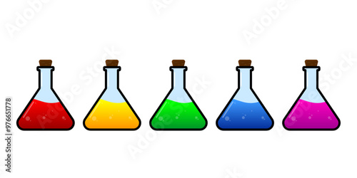 Set of glass bottles. Different color potion flat style on white background. Vector illustration. Design elements for game collection.