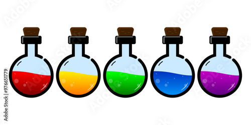 Set of glass bottles. Different color potion flat style on white background. Vector illustration. Design elements for game collection.