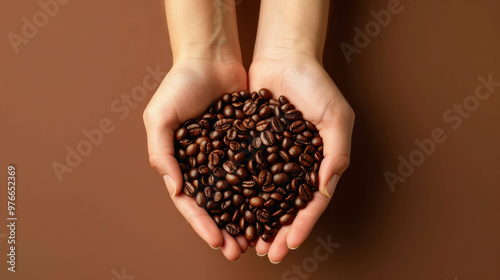 Hands in heart shape holding coffee beans, top view warm aroma. AI generative photo