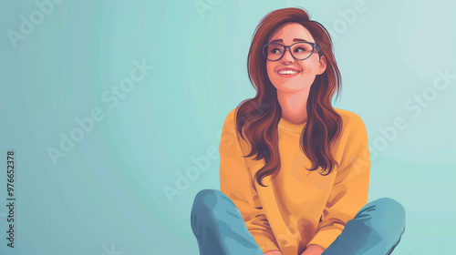 Caucasian woman with glasses sitting cheerfully inside. AI generative photo